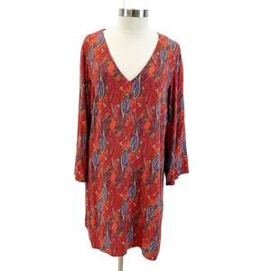 Venus Womens US 16 Shift Dress Paisley‎ V-Neck Flare Sleeve Rust Multicolor